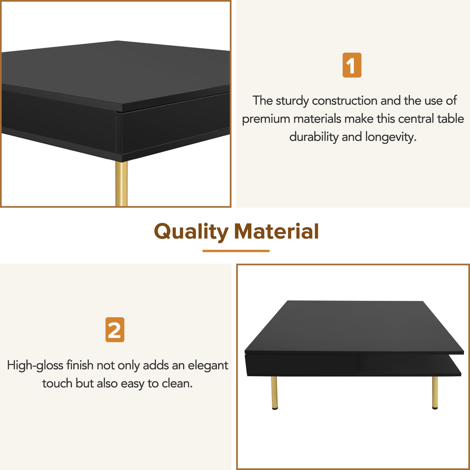 Exquisite High Gloss Coffee Table With 4 Golden Legs And 2 Small Drawers, 2 Tier Square Center Table For Living Room, Black Black Primary Living Space Particle Board