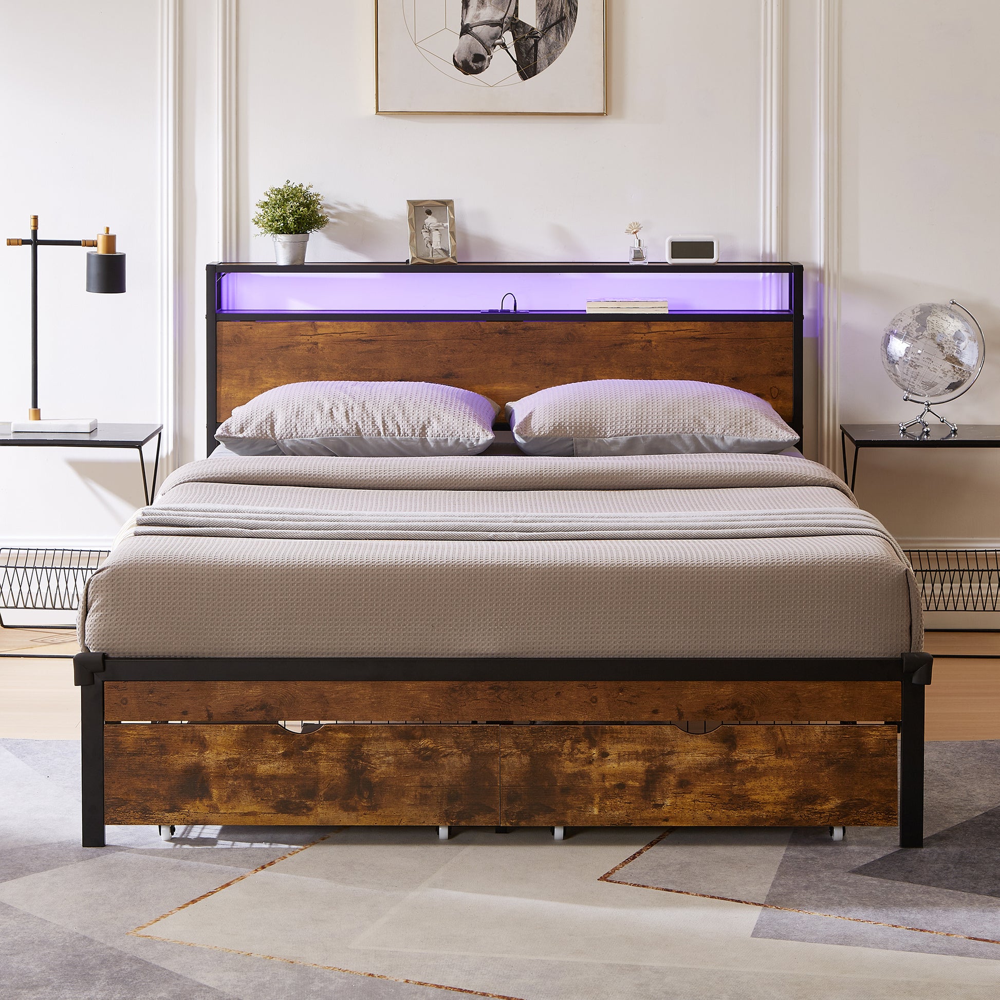 King Size Metal Platform Bed Frame With Wooden Headboard And Footboard With Usb,Charging Station,2 Drawers,Led Lights, No Box Spring Needed, Easy Assemble King Brown Black Mdf Metal