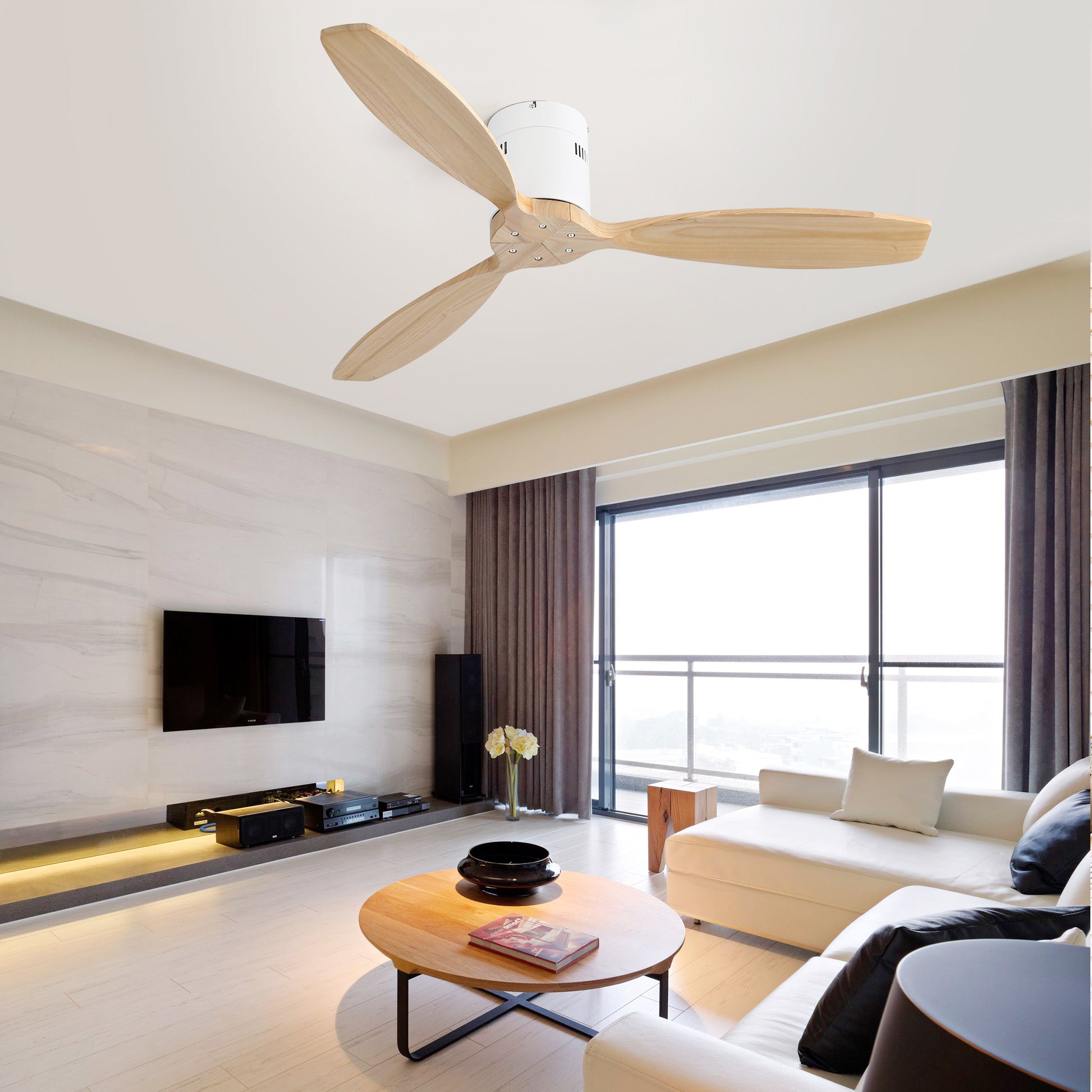 52 Inch Decorative Solid Wood Without Light 6 Speed Remote Control Reversible Dc Motor For Home Matte White Metal & Wood