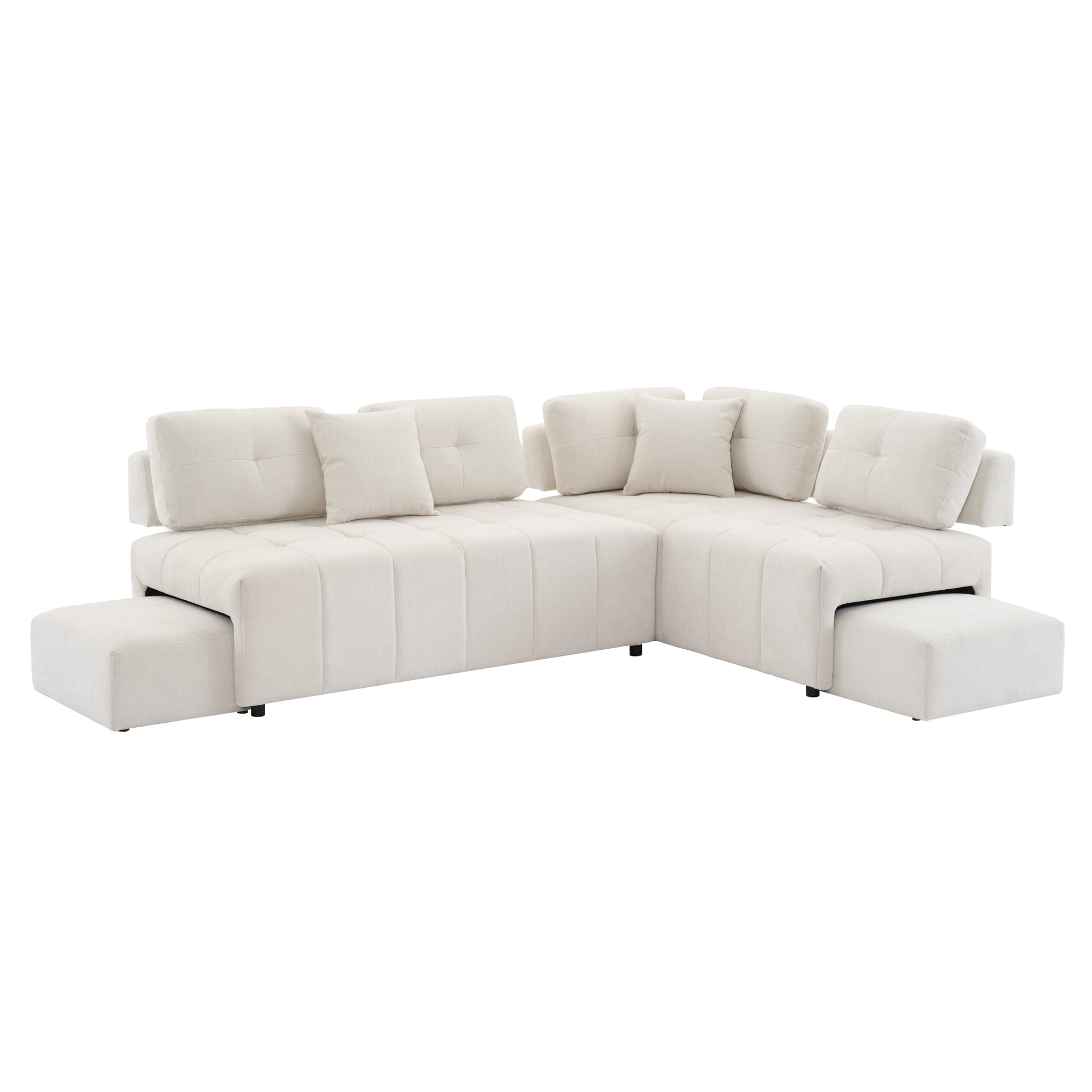 91.73" L Shaped Sofa Sectional Sofa Couch With 2 Stools And 2 Lumbar Pillows For Living Room, Biege Beige Chenille