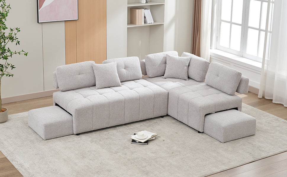 91.73" L Shaped Sofa Sectional Sofa Couch With 2 Stools And 2 Lumbar Pillows For Living Room, Light Grey Light Grey Chenille