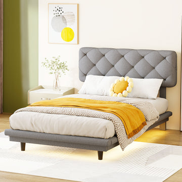 Twin Size Upholstered Bed With Light Stripe, Floating Platform Bed, Linen Fabric,Gray Gray Linen