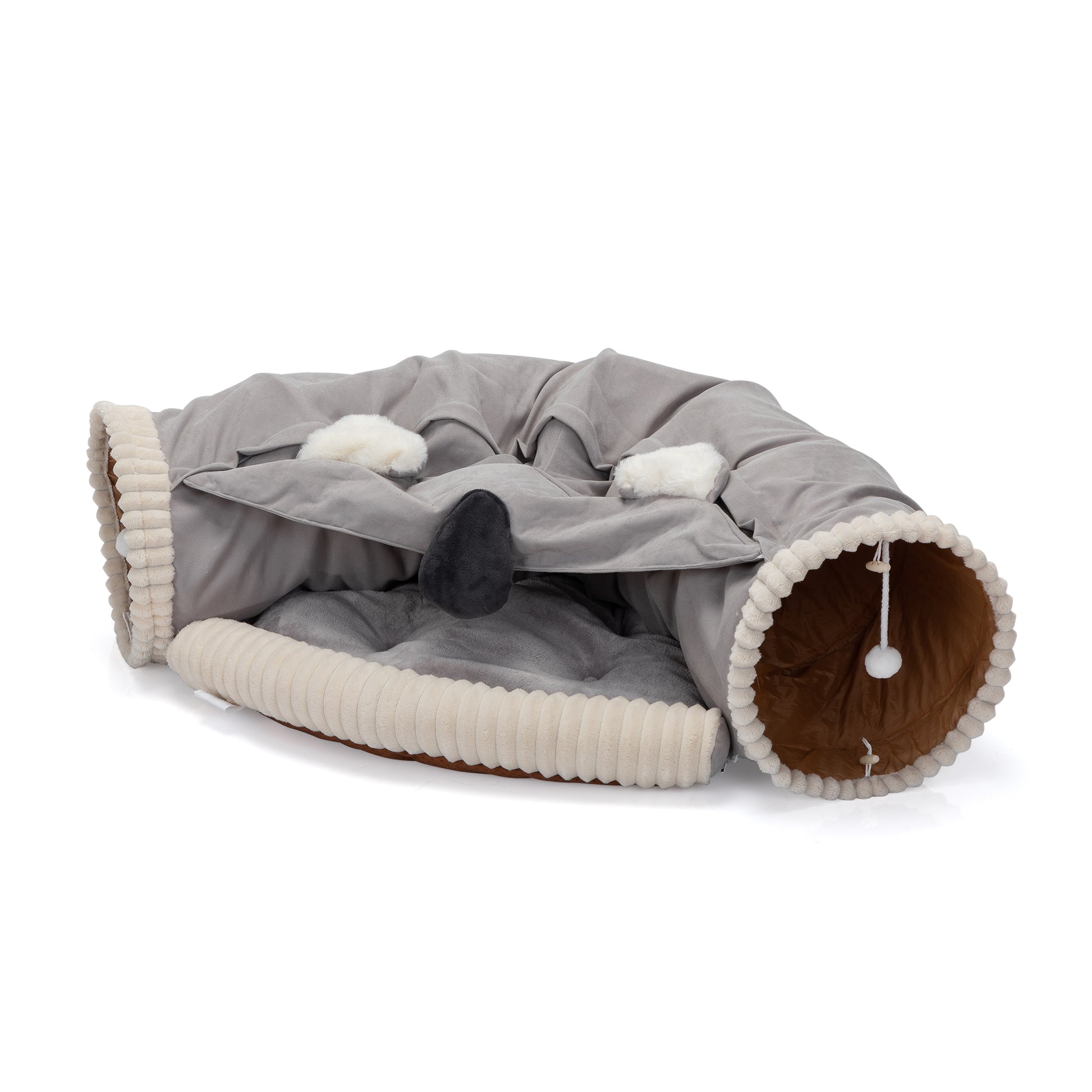 Collapsible Cat Tunnel Bed For Indoor Cats, Washable Cat Hide Tunnel With Hanging Toys And Cushion Mat, Gray Gray Polyester