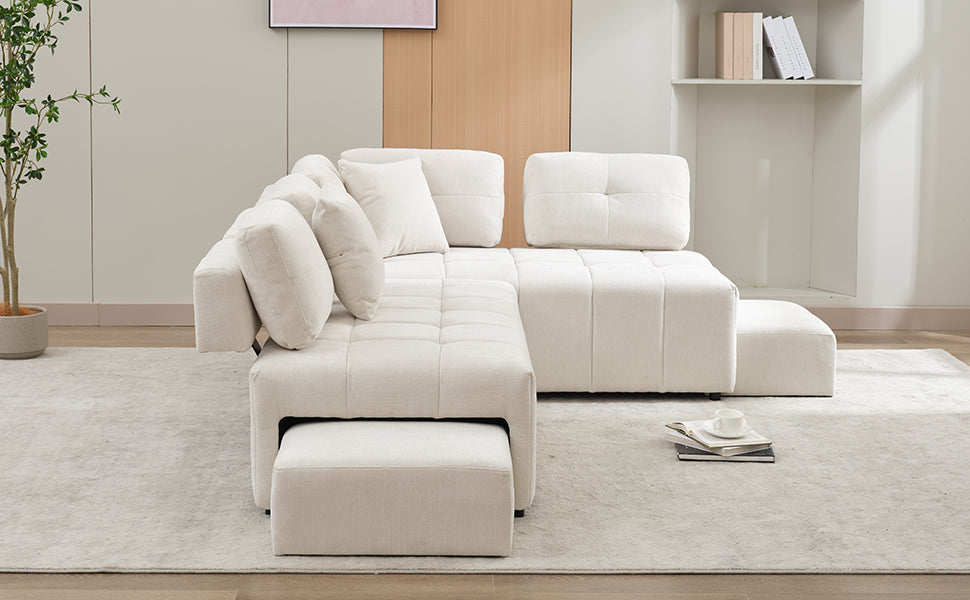 91.73" L Shaped Sofa Sectional Sofa Couch With 2 Stools And 2 Lumbar Pillows For Living Room, Biege Beige Chenille