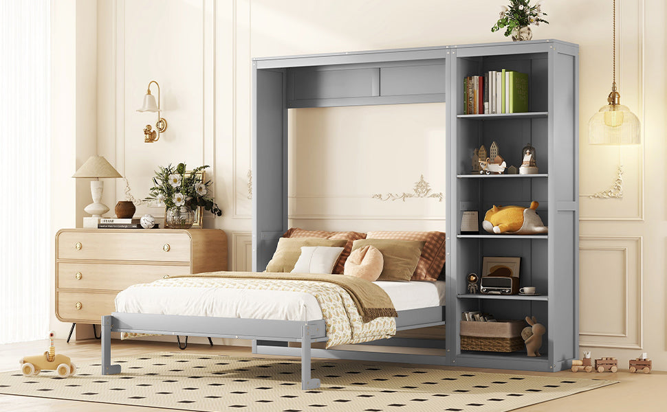 Queen Size Murphy Bed Wall Bed With Shelves,Gray Gray Solid Wood Mdf