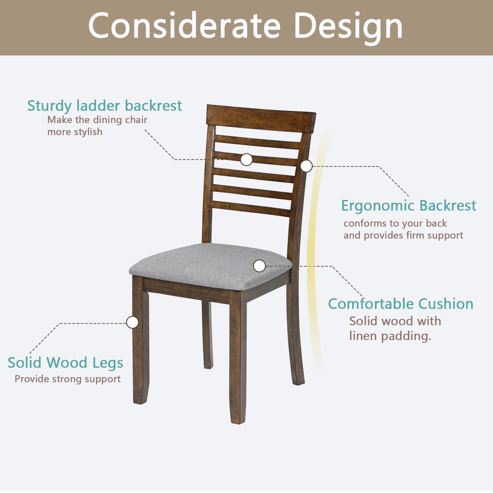 Wooden Dining Chairs Set Of 4, Kitchen Chair With Padded Seat, Upholstered Side Chair For Dining Room, Living Room, Walnut Walnut Dining Room Rubberwood Rubber Wood