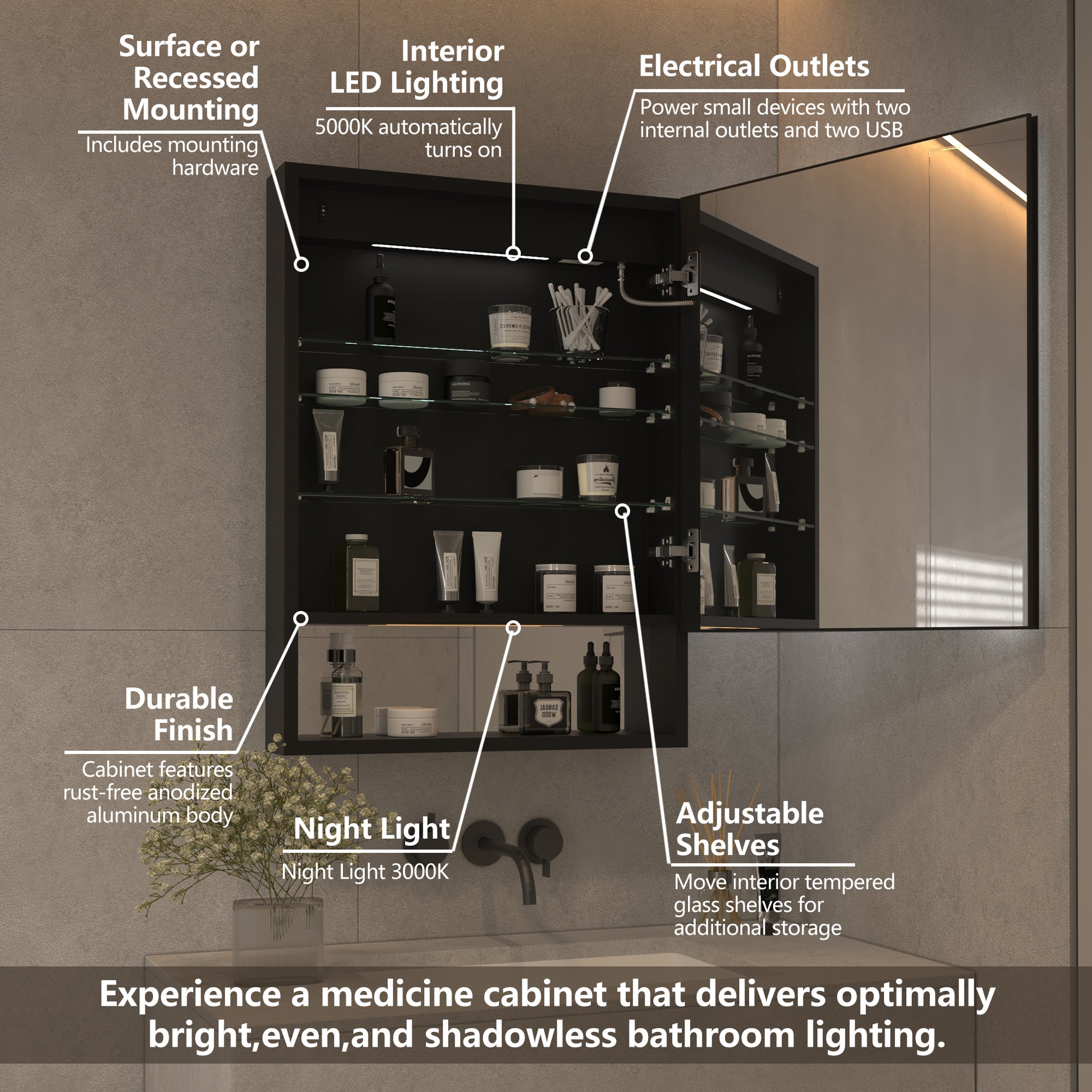 Lighted Medicine Cabinet 24 X 32 Inch, Recessed Or Surface,Clock, Room Temp Display,Defog,Night Light,Stepless Dimming,3000K 6400K, Outlets & Usbs,Hinge On The Right . With External Storage Shelf. Black Aluminium