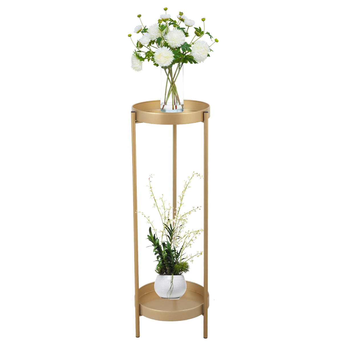 Modern Folding Metal 2 Tier Plant Stand Potted Plant Holder Shelf With 2 Round Trays Indoor Outdoor, Versatile, Golden Golden Metal