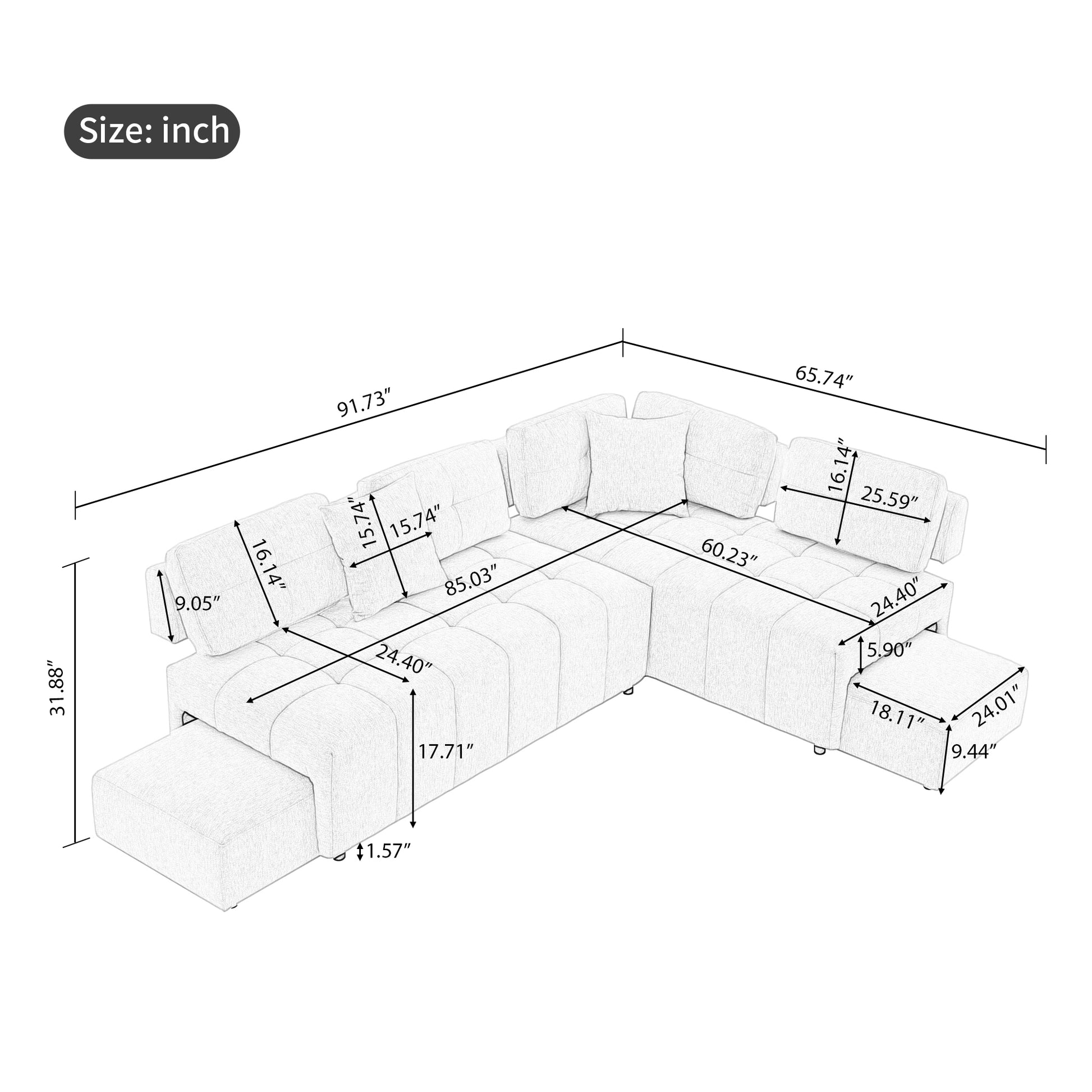 91.73" L Shaped Sofa Sectional Sofa Couch With 2 Stools And 2 Lumbar Pillows For Living Room, Light Grey Light Grey Chenille