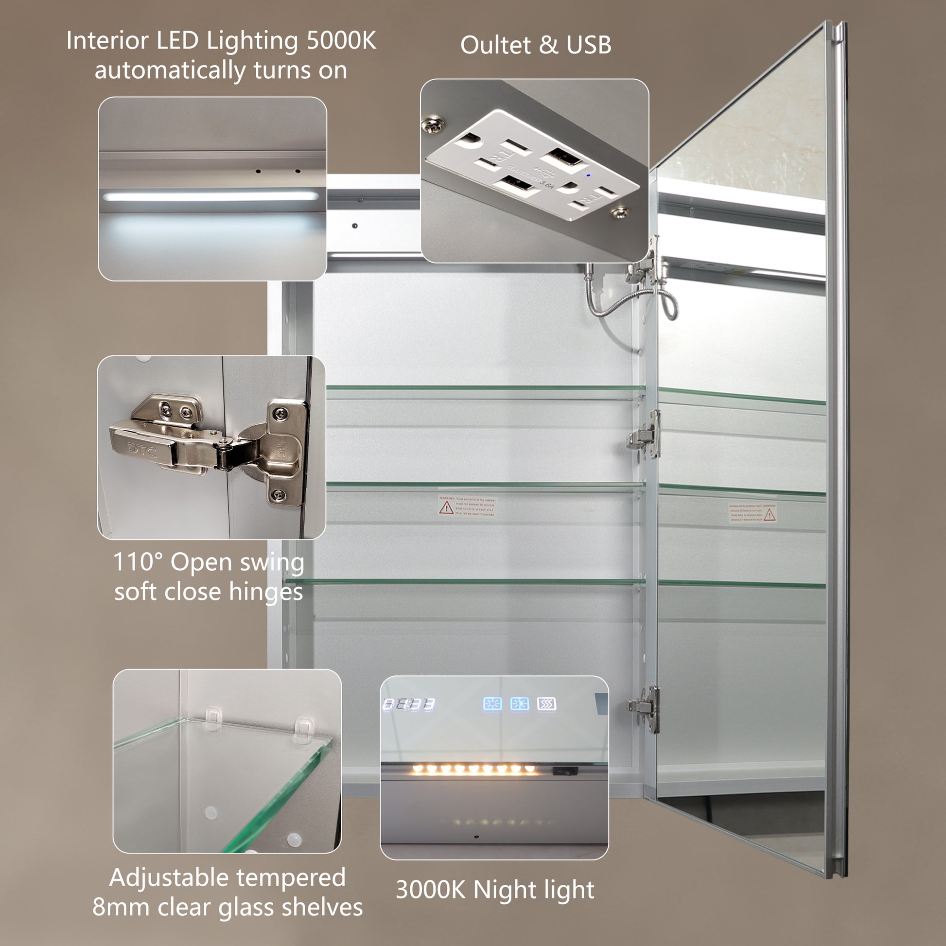 Lighted Medicine Cabinet 20 X 32 Inch, Recessed Or Surface Led Medicine Cabinet, Clock, Room Temp Display,Defog,Night Light,Stepless Dimming,3000K 6400K, Outlets & Usbs,Hinge On The Right Silver Aluminium