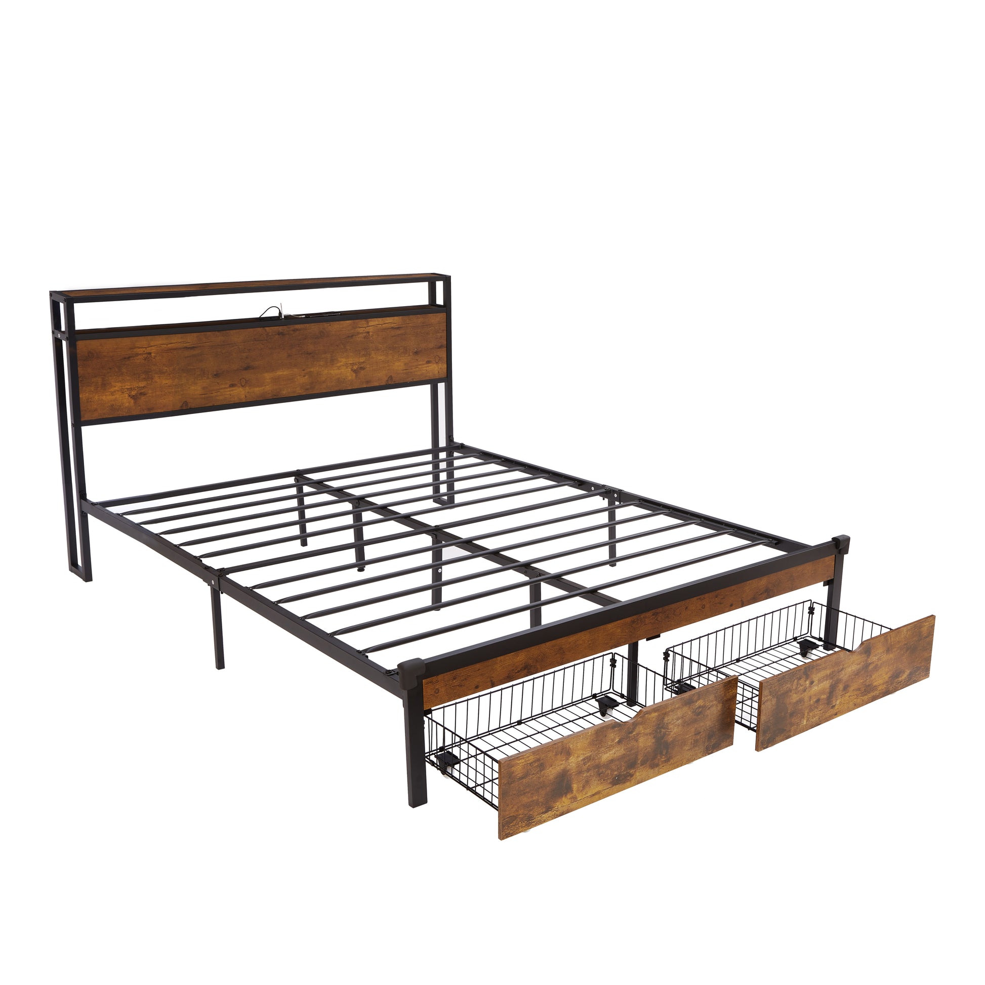 Queen Size Metal Platform Bed Frame With Wooden Headboard And Footboard With Usb,Charging Station,2 Drawers,Led Lights, No Box Spring Needed, Easy Assemble Queen Brown Black Mdf Metal