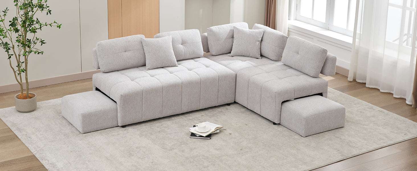 91.73" L Shaped Sofa Sectional Sofa Couch With 2 Stools And 2 Lumbar Pillows For Living Room, Light Grey Light Grey Chenille