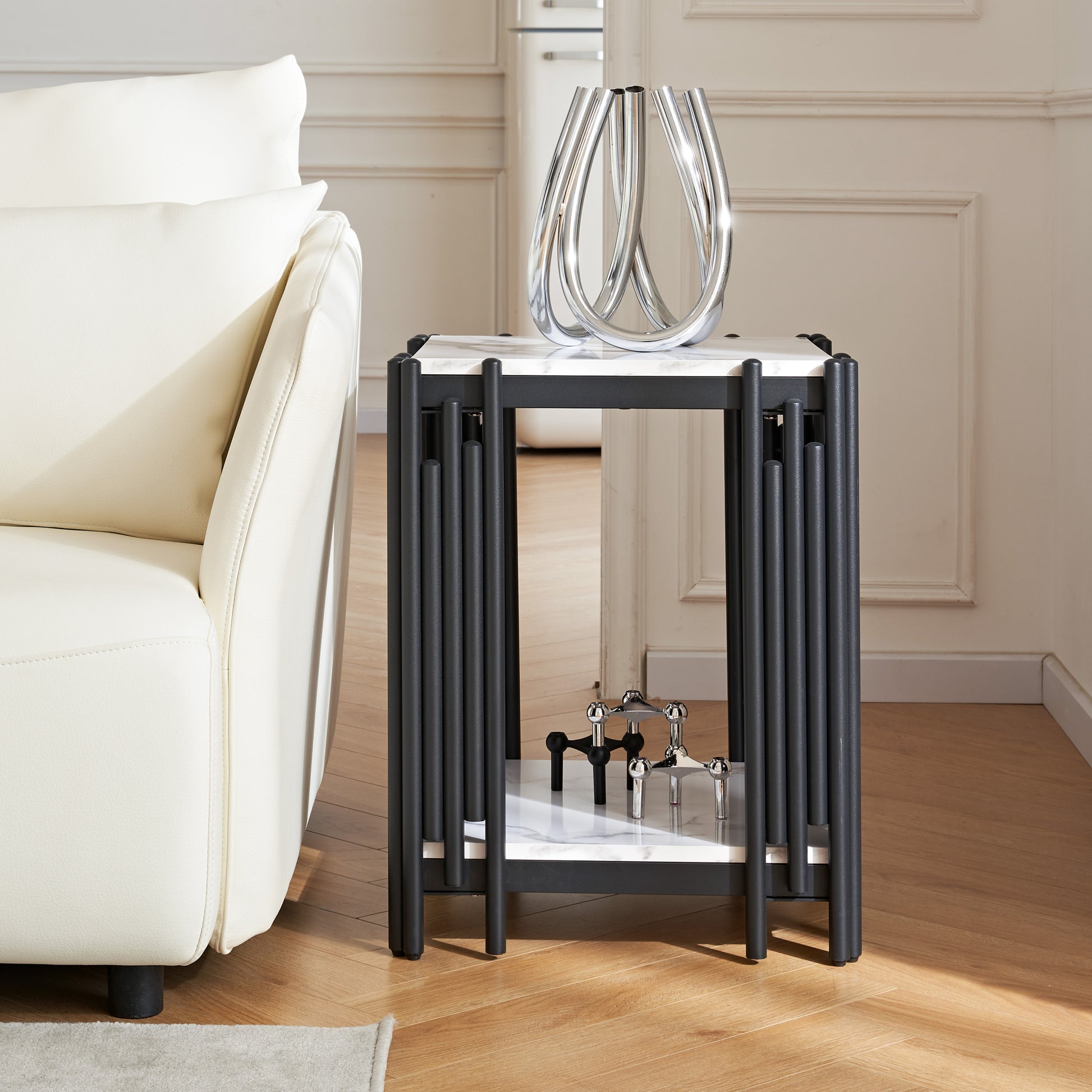 2 Tier Side Table, Faur Marbling End Table, Narrow Side Table With Storage Shelves, Modern Design Beside Table, Wood Nightstand For Living Room, Bedroom, And Office, Easy To Assembly, Black Black Primary Living Space Square Open Storage Coffee & End