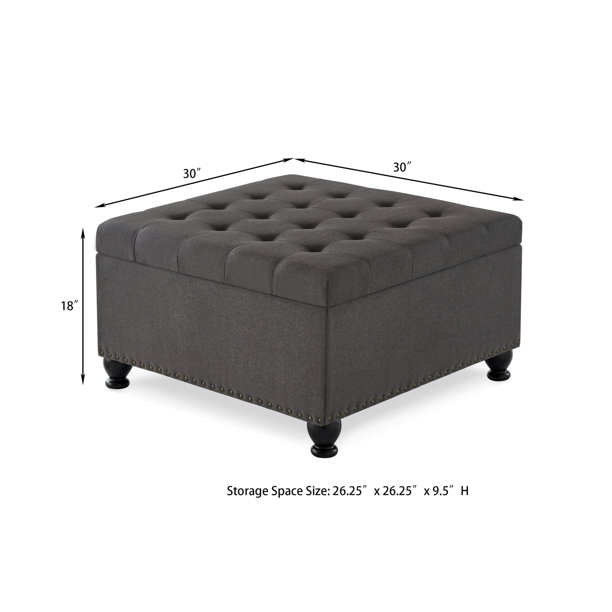 Large Square Storage Ottoman With Wooden Legs, Upholstered Button Tufted Coffee Table With Nail Trims For Living Space,Dark Grey Espresso Wood Primary Living Space Black Solid Rubberwood Wood With Storage Dark Gray Linen Linen Or Linen Blend Backless