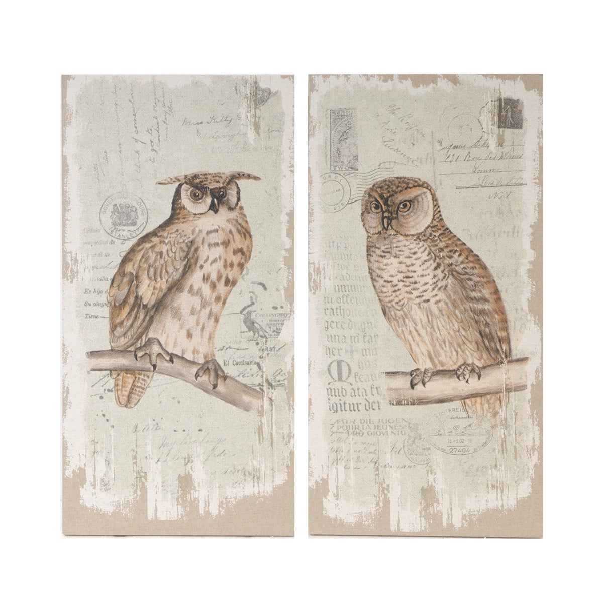 Set Of 2 Lilith Owl Prints With Distressed Look, Rectangle Animal Hanging Wall Art 39.5X20" Rectangle Multicolor Antique,Art Deco,Coastal,Farmhouse,Rustic Mdf Wood Animals