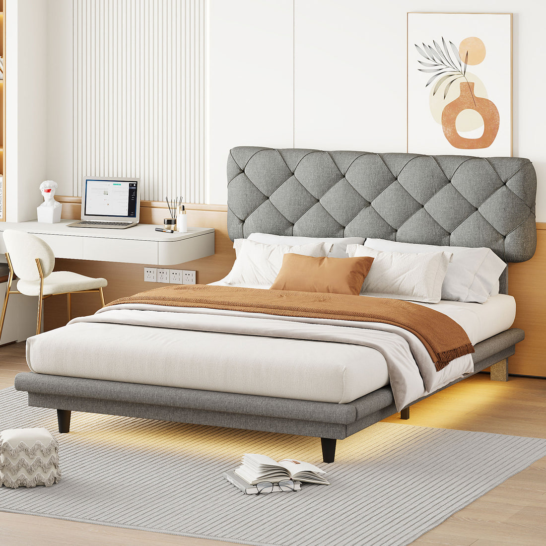 Full Size Upholstered Bed With Light Stripe, Floating Platform Bed, Linen Fabric,Gray Full Gray Linen