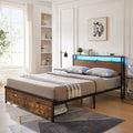 King Size Metal Platform Bed Frame With Wooden Headboard And Footboard With Usb,Charging Station,2 Drawers,Led Lights, No Box Spring Needed, Easy Assemble King Brown Black Mdf Metal