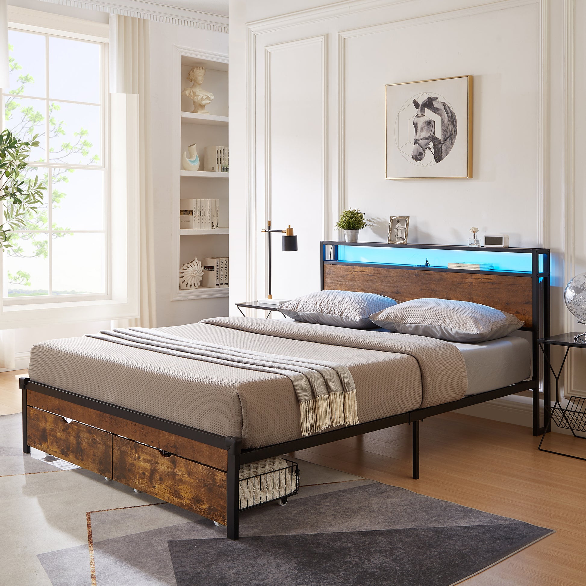 King Size Metal Platform Bed Frame With Wooden Headboard And Footboard With Usb,Charging Station,2 Drawers,Led Lights, No Box Spring Needed, Easy Assemble King Brown Black Mdf Metal