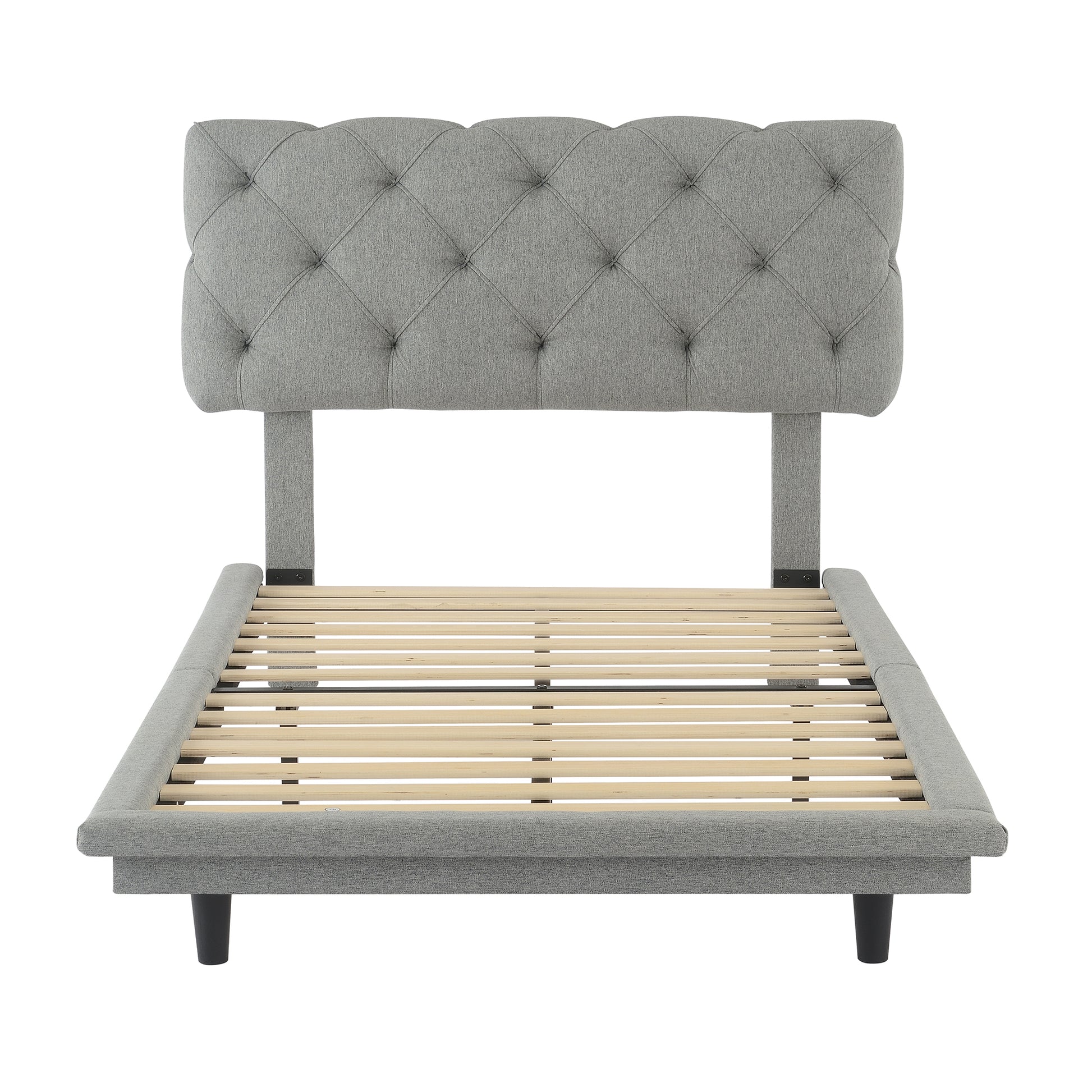 Twin Size Upholstered Bed With Light Stripe, Floating Platform Bed, Linen Fabric,Gray Gray Linen