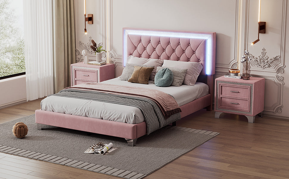 Full Size Upholstered Bed Frame With Led Lights,Modern Velvet Platform Bed With Tufted Headboard,Pink Pink Velvet