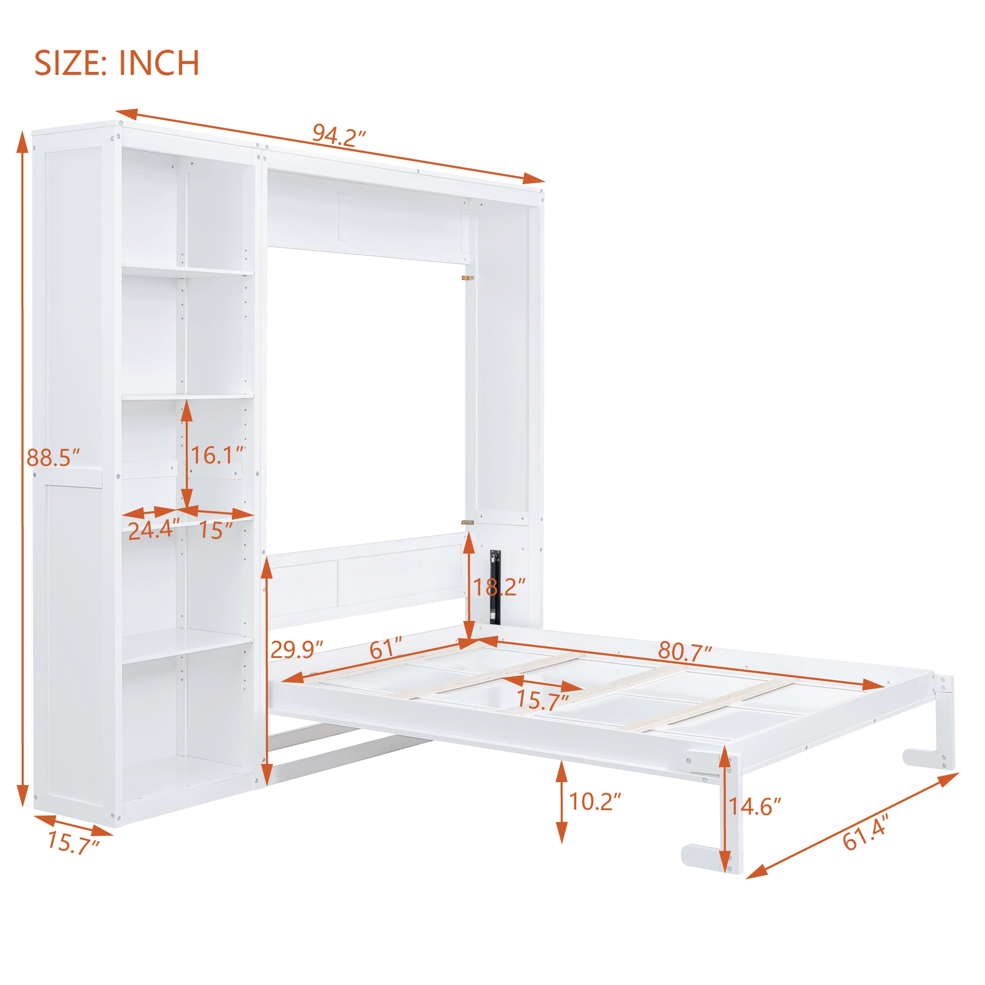 Queen Size Murphy Bed Wall Bed With Shelves,White White Solid Wood Mdf