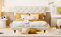 Full Size Upholstered Bed With Light Stripe, Floating Platform Bed, Linen Fabric,Beige Full Beige Linen