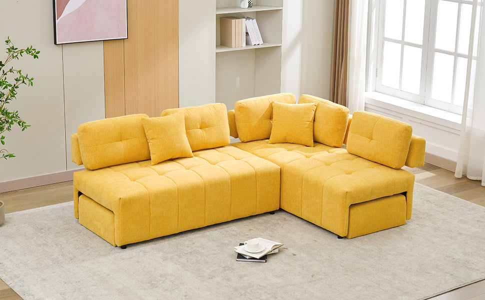 91.73" L Shaped Sofa Sectional Sofa Couch With 2 Stools And 2 Lumbar Pillows For Living Room, Yellow Yellow Chenille