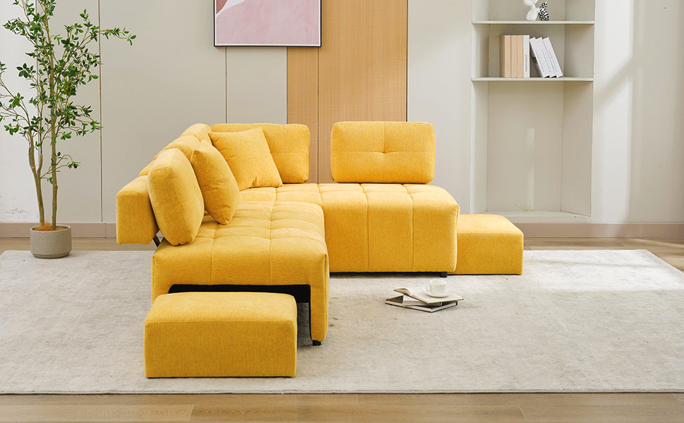 91.73" L Shaped Sofa Sectional Sofa Couch With 2 Stools And 2 Lumbar Pillows For Living Room, Yellow Yellow Chenille