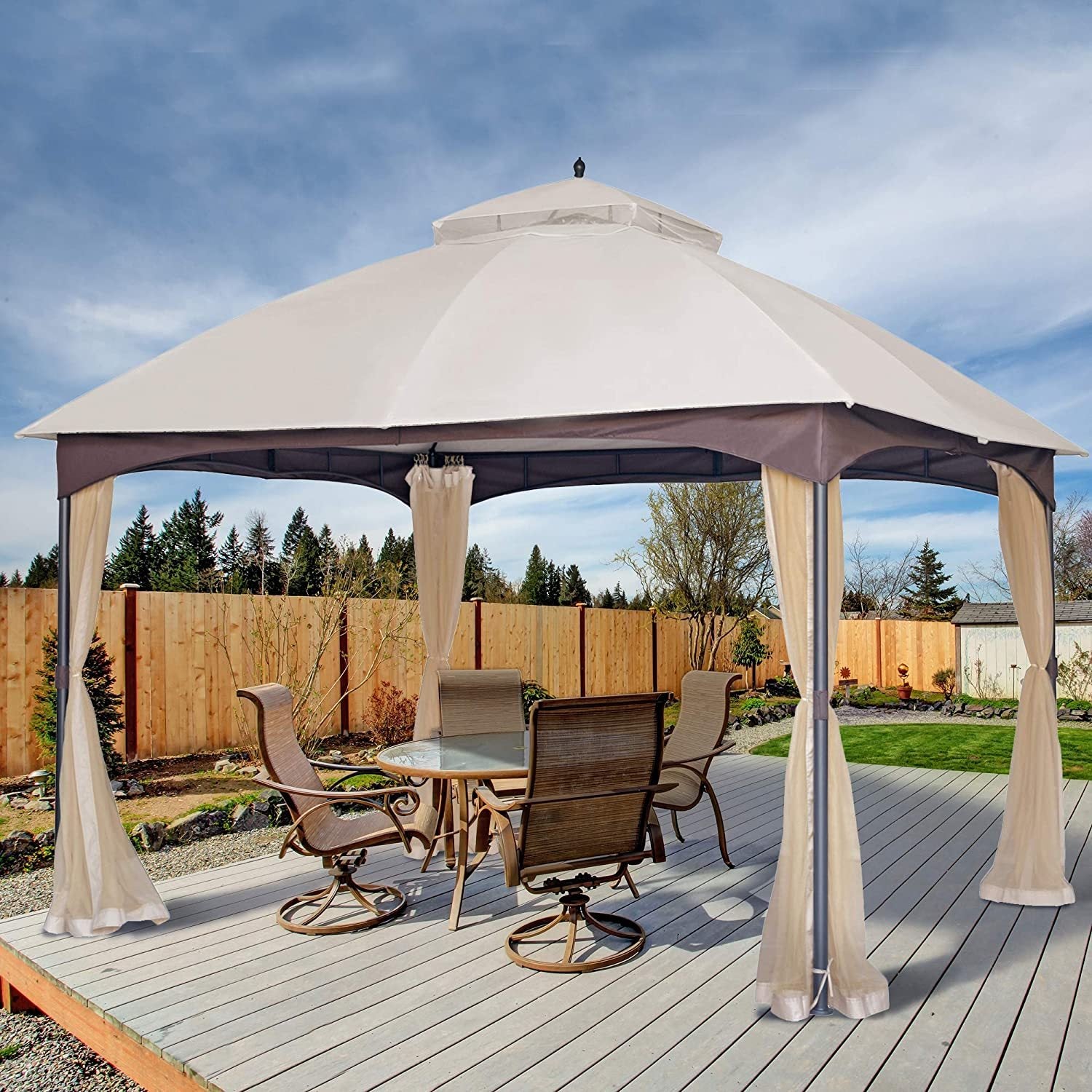 10*12 Ft Softtop Metal Gazebo With Mosquito Net&Sunshade Curtains,Sturdy Heavy Duty Double Roof Canopy,Galvanized Steel Design Outdoor Tent,Suitable For Gardens,Patio,Backyard Beige Light Natural Rectangular No Foundation Needed None Garden & Outdoor