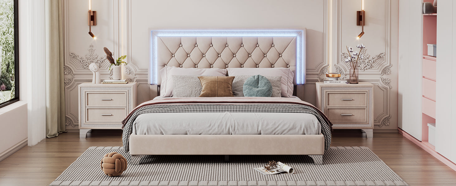 Queen Size Upholstered Bed Frame With Led Lights,Modern Velvet Platform Bed With Tufted Headboard,Beige Beige Velvet