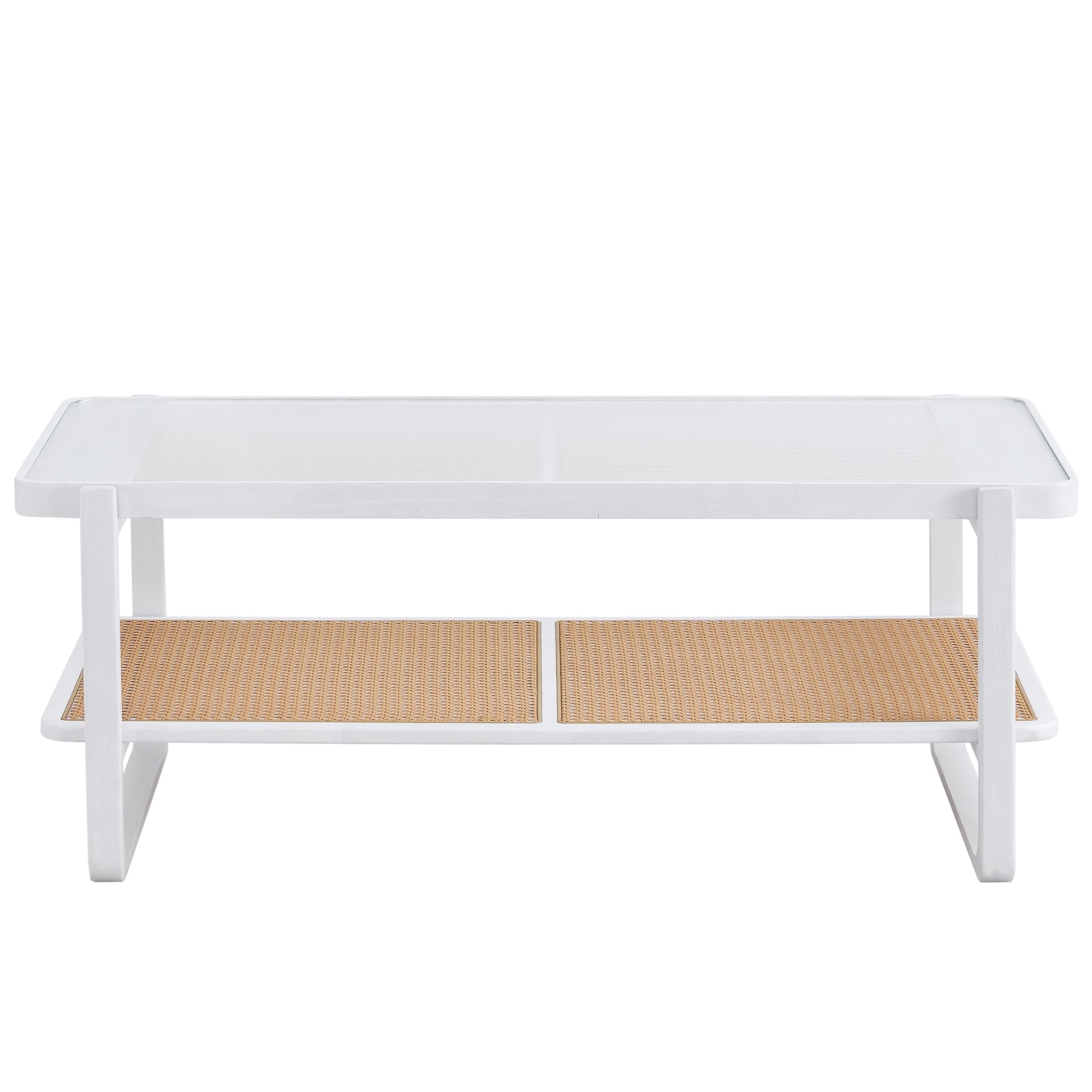 Modern Minimalist White Double Layered Solid Wood Coffee Table. Glass Tabletop, Imitation Rattan Edge Table. Rectangular Table Suitable For Living Room, Dining Room, And Bedroom White Wood