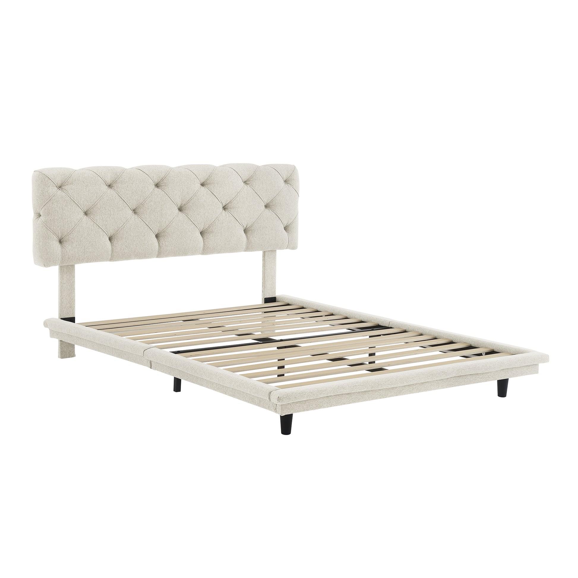 Full Size Upholstered Bed With Light Stripe, Floating Platform Bed, Linen Fabric,Beige Full Beige Linen