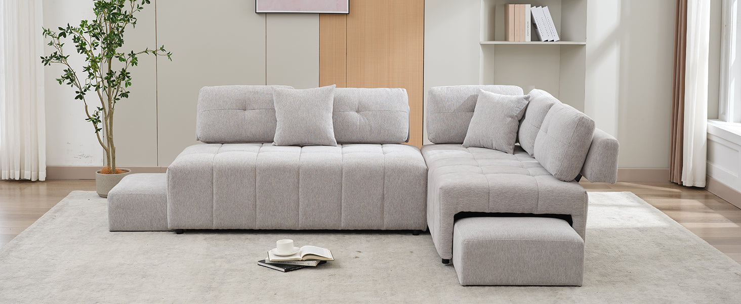 91.73" L Shaped Sofa Sectional Sofa Couch With 2 Stools And 2 Lumbar Pillows For Living Room, Light Grey Light Grey Chenille