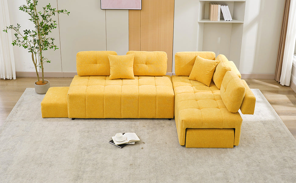 91.73" L Shaped Sofa Sectional Sofa Couch With 2 Stools And 2 Lumbar Pillows For Living Room, Yellow Yellow Chenille