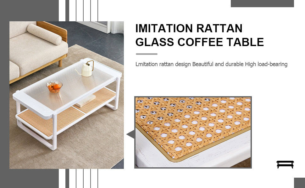 Modern Minimalist White Double Layered Solid Wood Coffee Table. Glass Tabletop, Imitation Rattan Edge Table. Rectangular Table Suitable For Living Room, Dining Room, And Bedroom White Wood