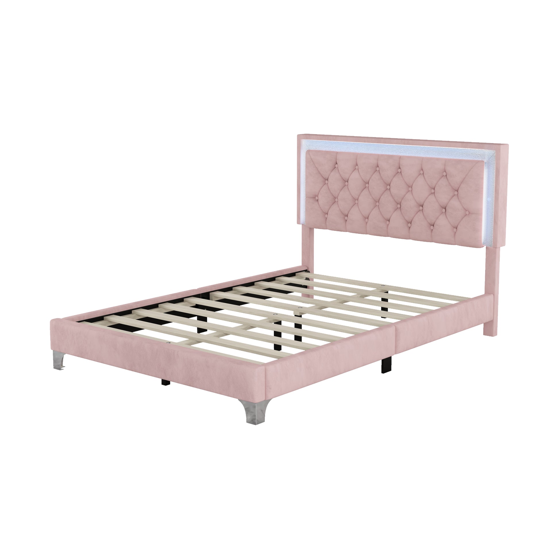 Full Size Upholstered Bed Frame With Led Lights,Modern Velvet Platform Bed With Tufted Headboard,Pink Pink Velvet