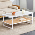 Modern Minimalist White Double Layered Solid Wood Coffee Table. Glass Tabletop, Imitation Rattan Edge Table. Rectangular Table Suitable For Living Room, Dining Room, And Bedroom White Wood