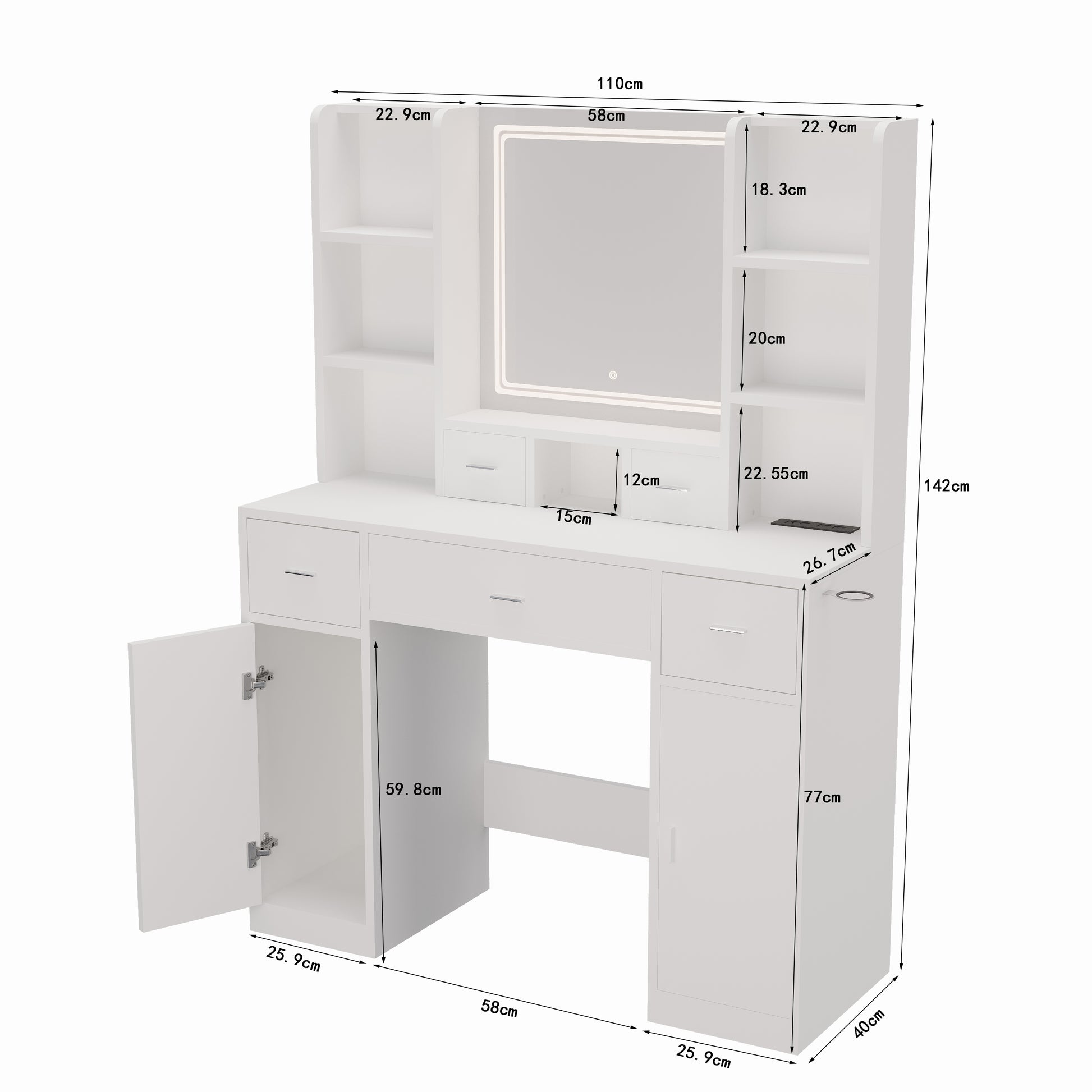 The White Vanity With Led Mirror Is Equipped With A Hair Dryer Rack, And The Vanity In The Bedroom And Dressing Room Is Equipped With A Dressing Pad White 5 Drawers & Above Bedroom American