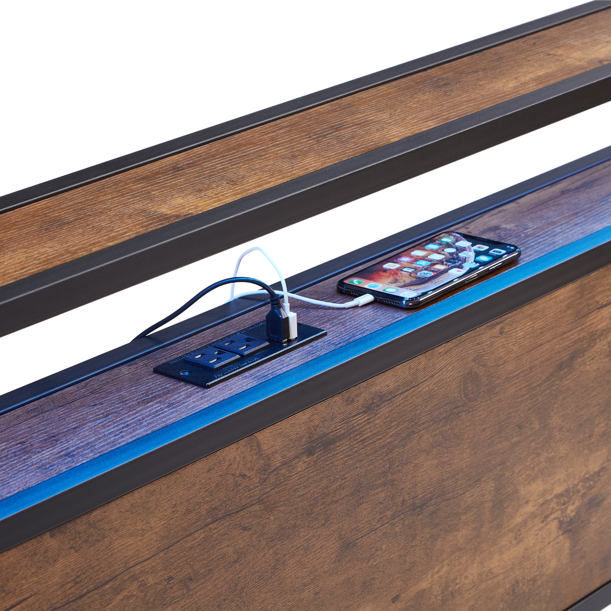 King Size Metal Platform Bed Frame With Wooden Headboard And Footboard With Usb,Charging Station,2 Drawers,Led Lights, No Box Spring Needed, Easy Assemble King Brown Black Mdf Metal