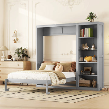 Queen Size Murphy Bed Wall Bed With Shelves,Gray Gray Solid Wood Mdf