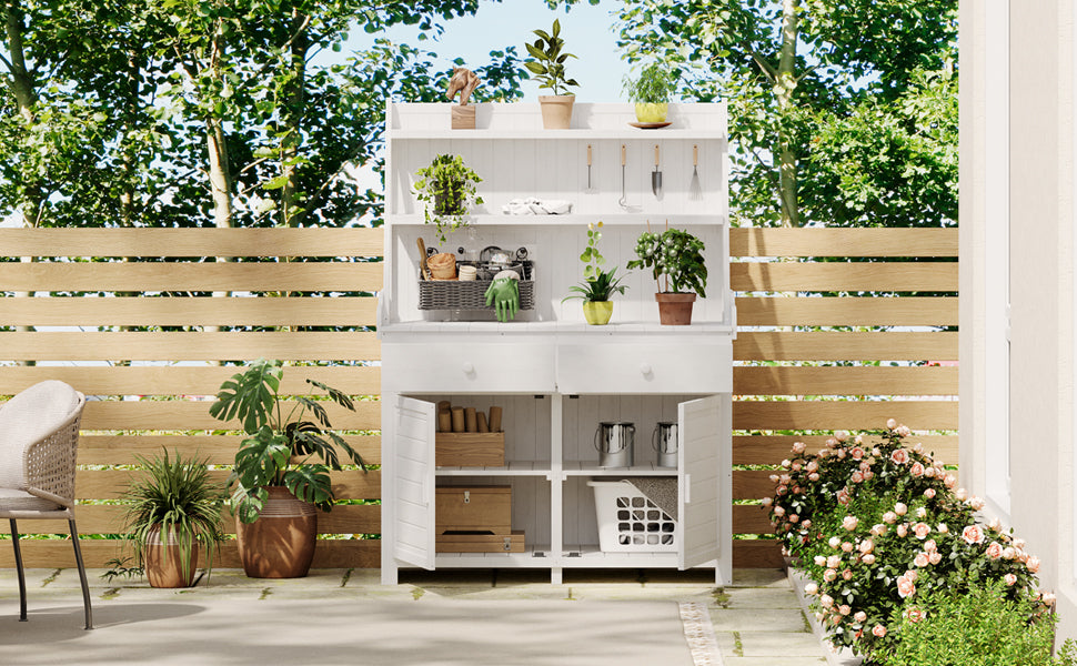 65Inch Garden Potting Bench Table, Fir Wood Workstation With Storage Shelf, Drawer And Cabinet, White White Water Resistant Frame Garden & Outdoor Rustic Wood