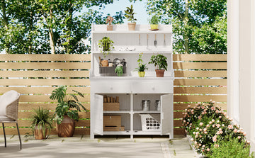 65Inch Garden Potting Bench Table, Fir Wood Workstation With Storage Shelf, Drawer And Cabinet, White White Water Resistant Frame Garden & Outdoor Rustic Wood