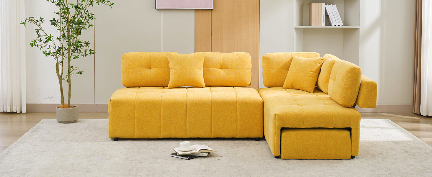 91.73" L Shaped Sofa Sectional Sofa Couch With 2 Stools And 2 Lumbar Pillows For Living Room, Yellow Yellow Chenille