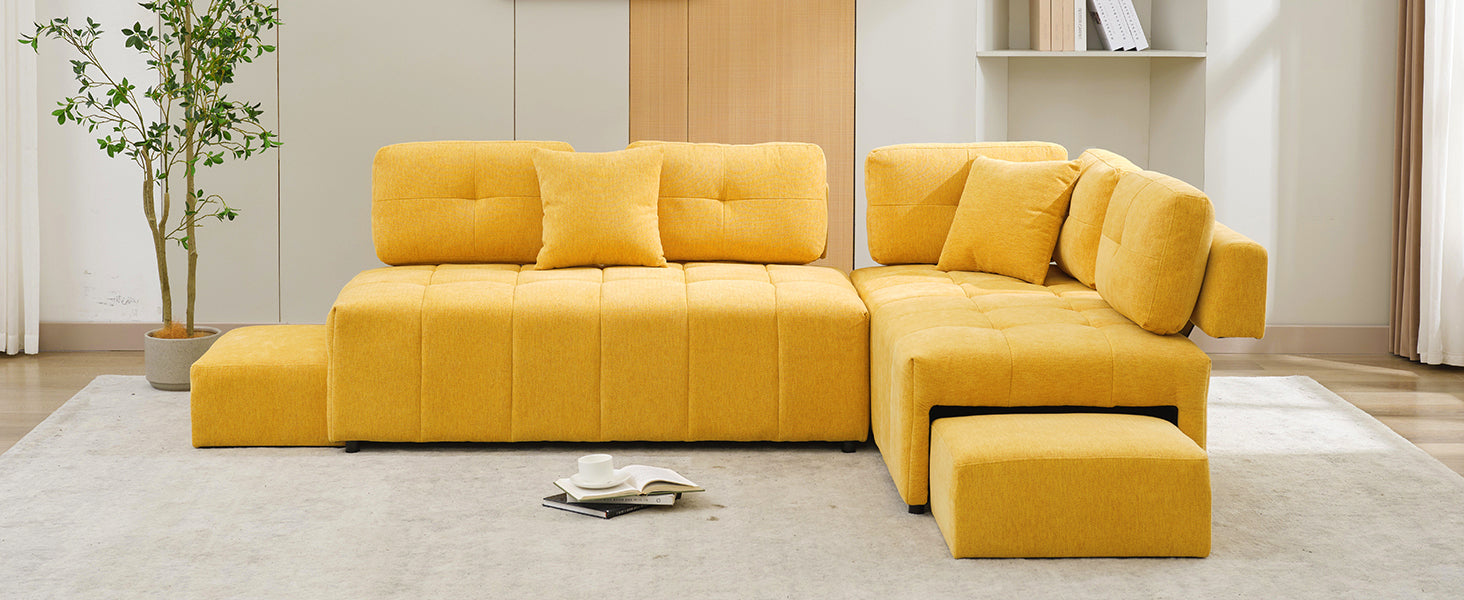 91.73" L Shaped Sofa Sectional Sofa Couch With 2 Stools And 2 Lumbar Pillows For Living Room, Yellow Yellow Chenille