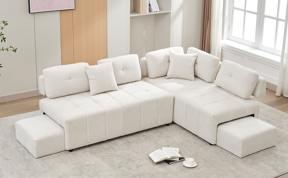 91.73" L Shaped Sofa Sectional Sofa Couch With 2 Stools And 2 Lumbar Pillows For Living Room, Biege Beige Chenille