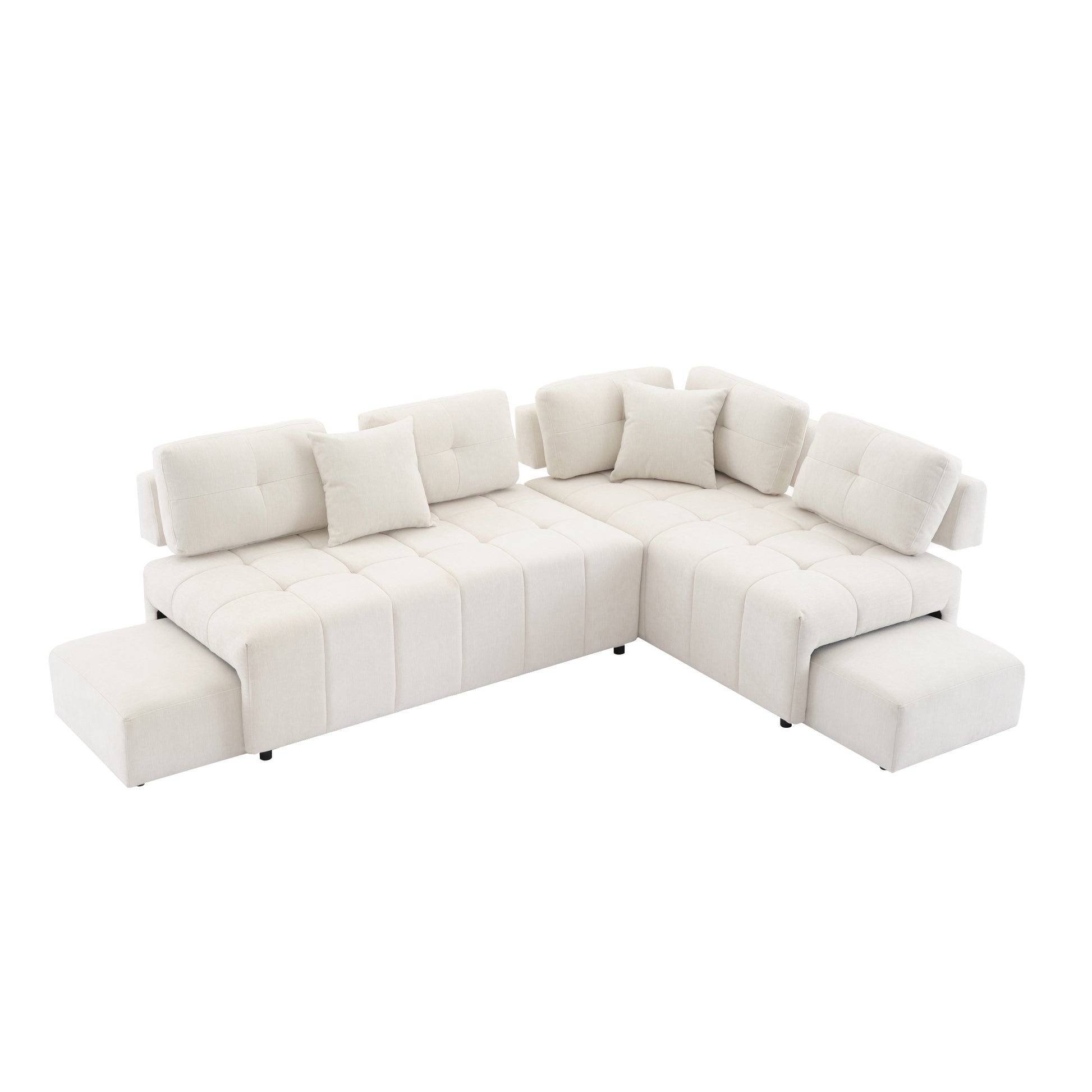 91.73" L Shaped Sofa Sectional Sofa Couch With 2 Stools And 2 Lumbar Pillows For Living Room, Biege Beige Chenille