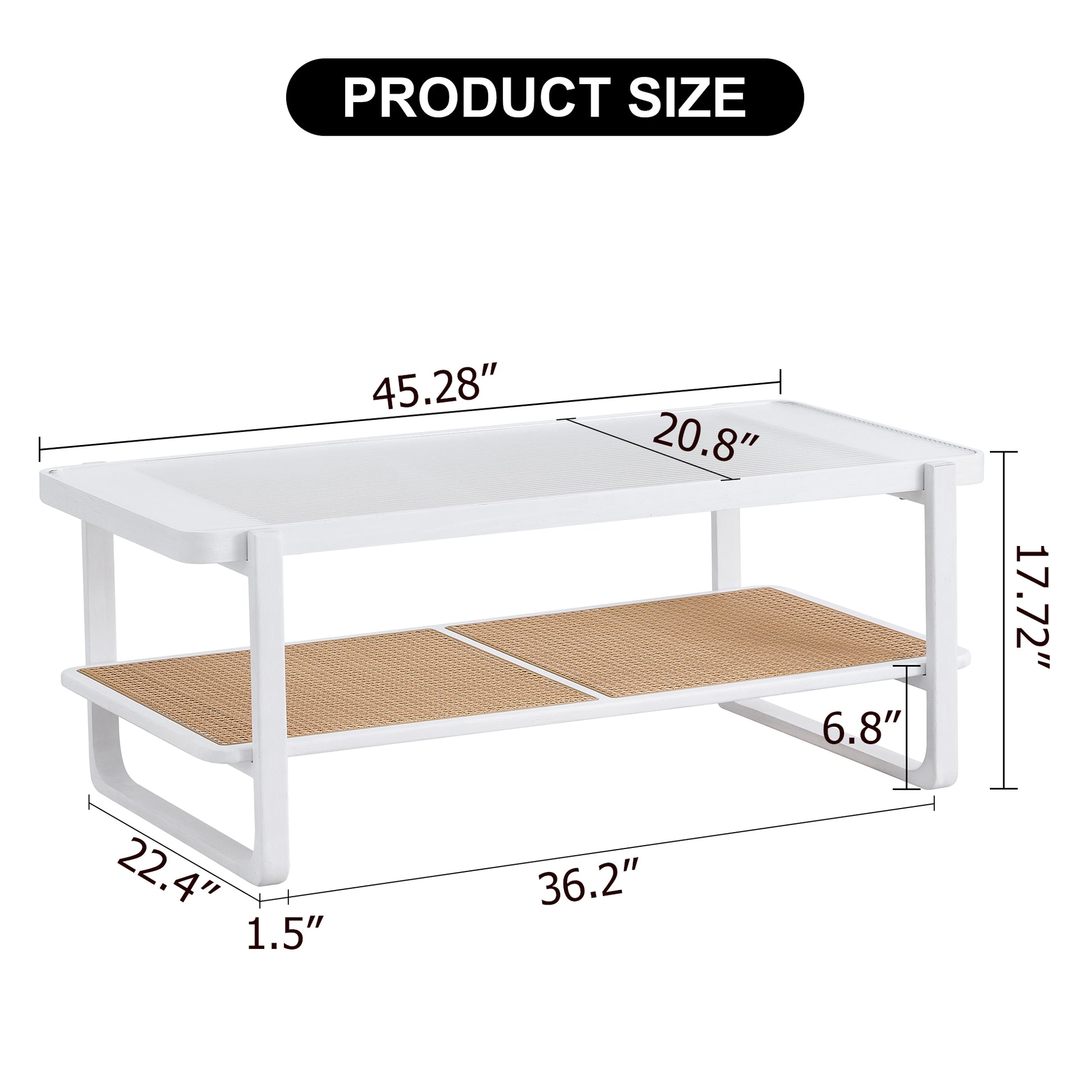 Modern Minimalist White Double Layered Solid Wood Coffee Table. Glass Tabletop, Imitation Rattan Edge Table. Rectangular Table Suitable For Living Room, Dining Room, And Bedroom White Wood