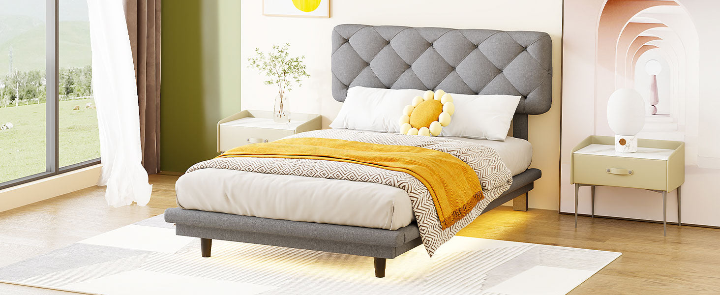 Twin Size Upholstered Bed With Light Stripe, Floating Platform Bed, Linen Fabric,Gray Gray Linen