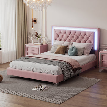 Full Size Upholstered Bed Frame With Led Lights,Modern Velvet Platform Bed With Tufted Headboard,Pink Pink Velvet