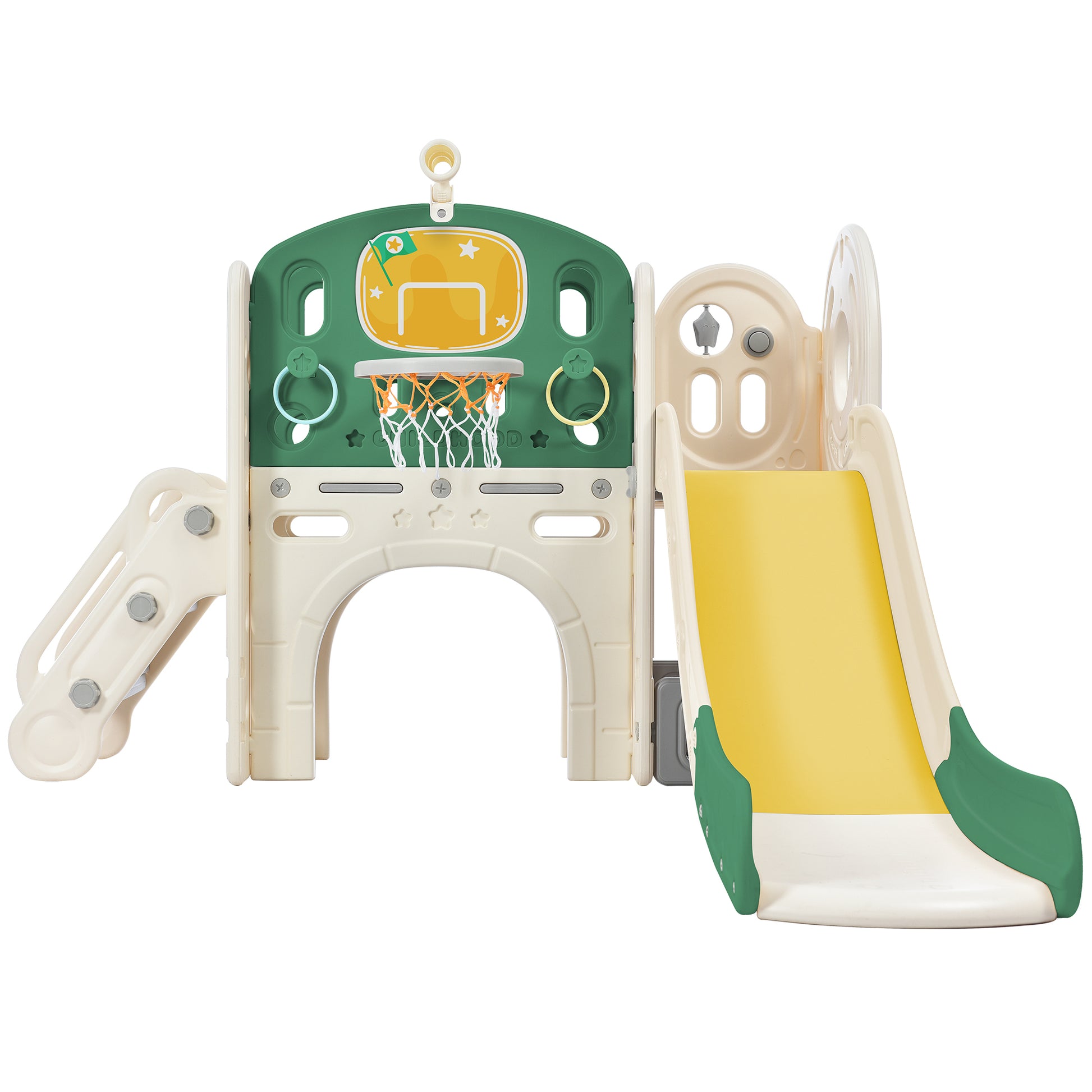 Kids Slide Playset Structure, Freestanding Castle Climbing Crawling Playhouse With Slide, Arch Tunnel, Ring Toss, And Basketball Hoop, Toy Storage Organizer For Toddlers, Kids Climbers Playground Green Hdpe